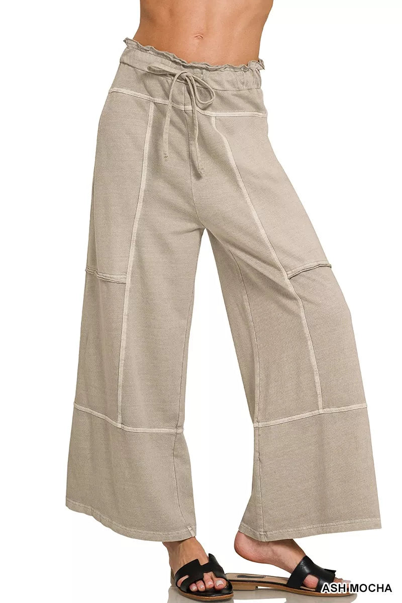 Zenana French Terry Washed Exposed-seam Wide Leg Pants