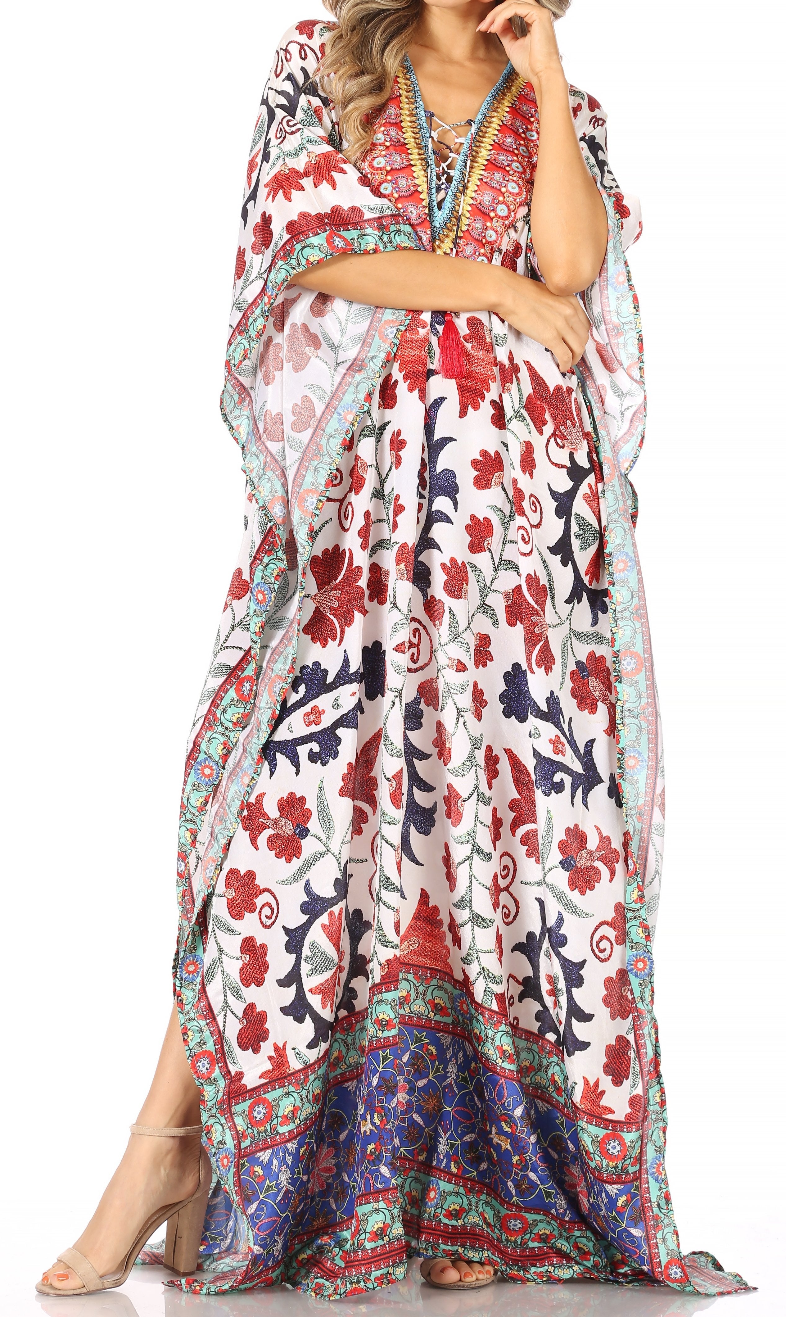 Sakkas Georgettina Flowy Rhinestone V Neck Long Caftan Dress/Cover Up