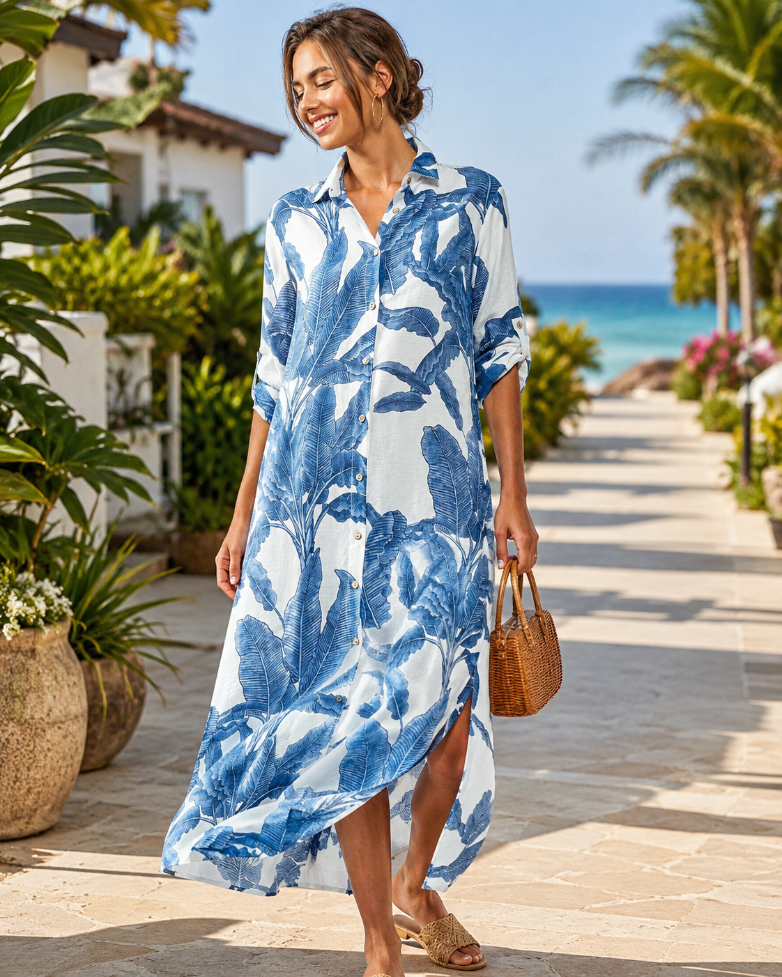Tropical Palm Leaf Button-Down Midi Dress - Resort and Spring Collection